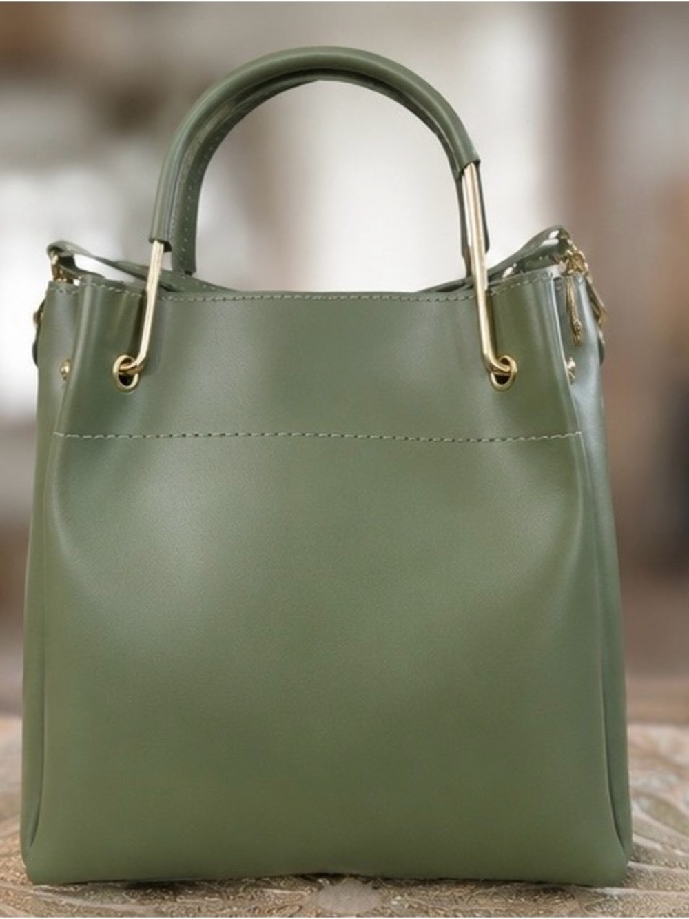 Structured Olive Green Top-Handle Tote with Gold Accents